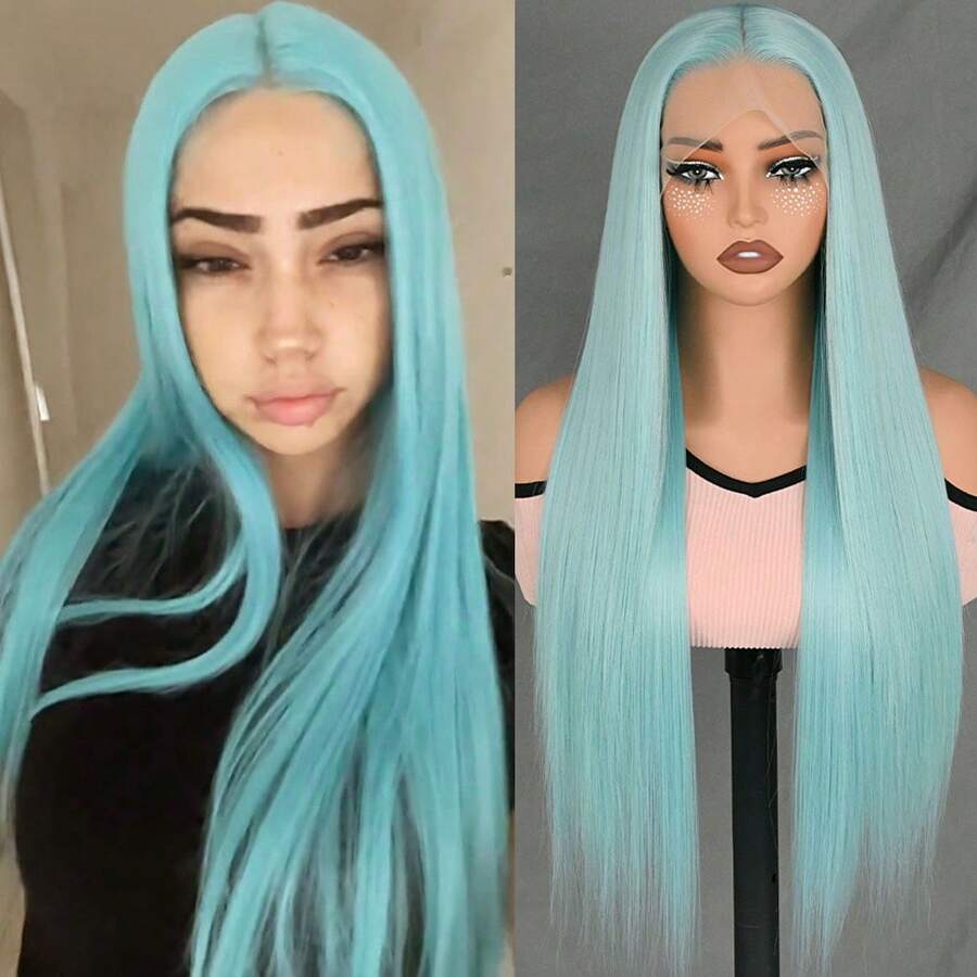 Teal Blue Lace Front Wig For Women - Glueless 13x4 Free Part Pre Plucked Hairline, 28" Long Straight Ice Blue Hair With Natural Middle Part, Light Lake Green Heat Resistant Synthetic Fiber Wigs, For Easy Styling, Perfect For Daily Use & Cosplay - 薄荷藍 - 查看 1
