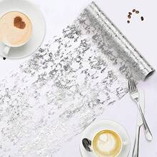 Vagasi 10M Silver Metallic Table Runner 29cm Width Giltter Sequin Table Runners Roll Table Cloth Decorations DIY Wrapping Ribbon For Christmas Birthday Party Graduation - Silver - View 2