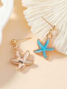 1 Pair Of Super Cute Mini New Summer Beach Ocean Style Versatile Colorful Pink Red White And Blue Gold Plated Small Starfish Charms Stud Earrings For Women Daily Wear, Personalized Starfish Boho Earrings Jewelry Accessories - Navy Blue - View 5
