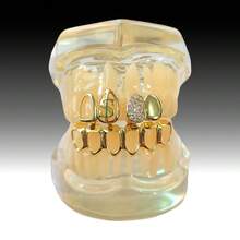 1 Set Unisex Hip Hop Style Hollow Dollar Sign & Dual-Tone Zirconia Teeth Grillz, Suitable For Daily Wear, Festivals And Parties - Multicolor - View 2