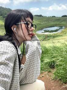 女士格子翻领单排扣休闲百搭通勤长袖衬衫 - 米色 - 查看 10