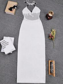 Yuwenier 性感优雅针织深V领露背镂空修身长款连衣裙，夏季沙滩装 - 白色 - 查看 5
