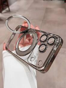 1pc Luxury Electroplated Metal Clear Magnetic 360 Ring Holder Phone Case Compatible With IPhone 17 Pro Max 17 Pro Air 16 15 14 13 12 11 Pro Max Plus Hard PC Back Cover - Silver - View 2