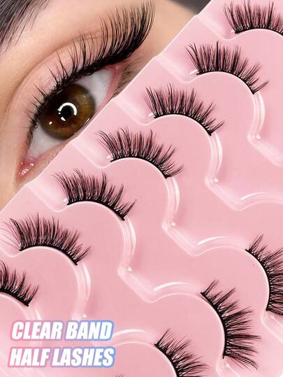Hinarin 7 Pairs Half Clear Band Eyelashes Cat Eye False Eyelashes Short Soft 3D Faux Mink Soft Natural Makeup Strip Lashes Volume Wispy Individual Lashes Daily Dating Makeup