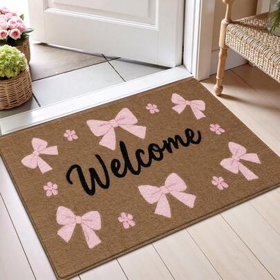 DAJIANG 1pc Bow Decor Welcome Mat, Sweet Girl Style Wool Rug Suitable For Bathroom, Kitchen, Outdoor, Indoor, Hallway, Bedroom, Living Room, Bedside, Machine Washable, Easy To Clean, Non-Slip Bottom, Suitable For Bedroom Winter Decor, Valentine's Day Holiday Decor, Bathroom Accessory Essential, Room Decor Set, Outdoor Decorative Carpet Mat
