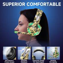 Kotion Each 适用于PC、笔记本电脑和台式机的有线游戏耳机，带麦克风 - 耳罩式设计，兼容耳塞，游戏耳机，玩家耳机，有线游戏耳机，电竞音频，可调节头带，舒适耳垫，耐用塑料材质，有线连接，适合电竞选手和PC游戏玩家。 - 迷彩黃 - 查看 5