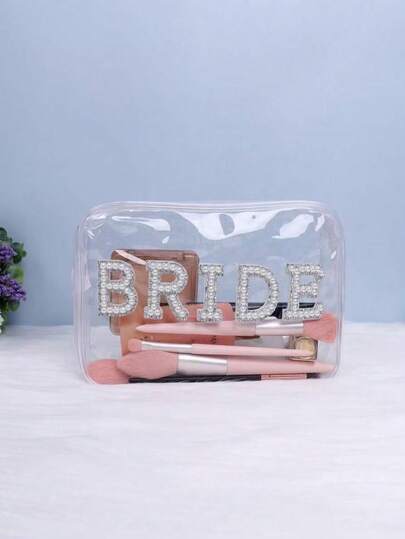 1pc Bride Faux Pearl Decor Makeup Bag, Transparent Cosmetic Organizer, Waterproof Travel Pouch, Creative Bridesmaid Gift, Wedding Favor Bag, Bachelorette Party Decor, Honeymoon Makeup Case, Suitable For Vacation, Beach, Bathroom, Bedroom, Large Capacity