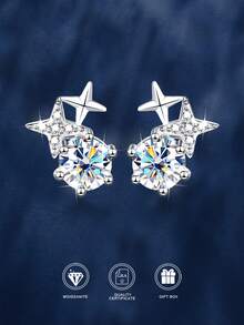 2pcs Minimalist Cute 925 Silver 0.5Carat X 2 Moissanite Star Stud Earrings, Suitable For Women's Daily Wear, Party, Vacation, Mother's Day, Birthday, Wedding Anniversary, Women's Jewelry Gift - EH0038M - View 2