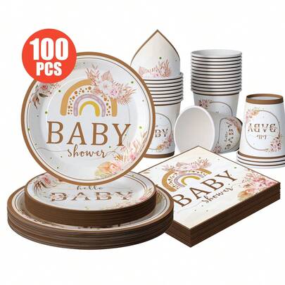 Rainbow Baby Flower Disposable Plates, Napkins, Cups - One-Time Party Supplies Set, Suitable For 25 Guests, Disposable Paper Plates Party Tableware For Birthday, Wedding, Theme Party, Family Picnic