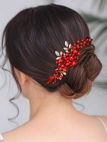 1pc Handmade Exquisite Faux Pearl Alloy Leaf Hair Comb, Women Wedding Party Prom Festival Headpiece, Valentine's Day Date Gift Hair Accessory - Red - View 6