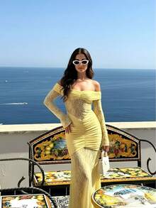 Vestido de fiesta elegante y sexy de encaje con volantes y parches de encaje, para boda en la playa, fiesta, noche, cóctel o graduación, de unicolor - Amarillo - Ver 10