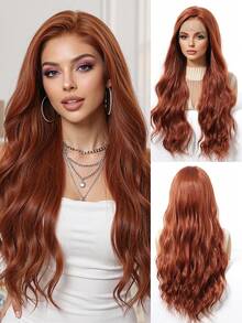 26 Inch - 13x4 [Long Wavy Lace Front Wig] Dirty Orange Long Wavy 180% Density Lace Front Wig, Soft & Natural, Realistic Scalp, Women's Wig, Essential For Holidays & Makeup, Beginner-Friendly, Comfortable Wear, Suitable For Daily, Wedding, Party, Cosplay, Festivals, Gift For Girlfriend, Fashion Essential - Dirty Orange - View 2