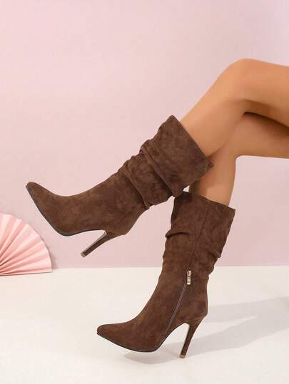 Brown Pleated High Heel Pointed Toe Side Zipper Elegant Versatile Ankle Boots For Women, Suitable For Evening Party, Vacation, Commute, Office, Street, European & American Minimalist Style