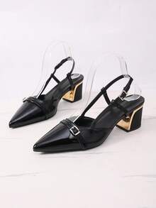 Synthetic Leather Pointed Toe Chunky High Heel Sandals, Formal Party Fashion Versatile Summer - Black - View 1