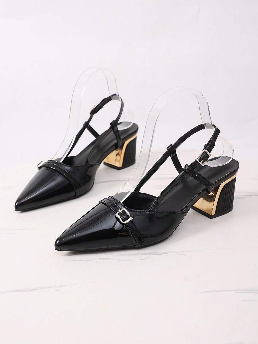 Synthetic Leather Pointed Toe Chunky High Heel Sandals, Formal Party Fashion Versatile Summer - Black - View 1
