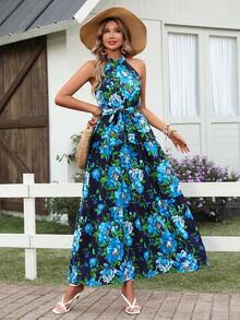 优雅无袖立领长款夏季连衣裙，波西米亚风无袖立领系带荷叶边下摆A字裙摆度假风 - 藍色 - 查看 5