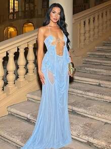 Vacation Style Sexy Mesh Halter Long Dress For Women Sleeveless Cut-Out Backless Dress For Spring Summer Vestidos Elegantes Para Fiesta Blue Dresses Elegant Party Chiffon Formal Dresses Ball Gowns Wedding Guest Dress Prom Dresses For High School Vestidos De Gala Valentine's Day Outfit - 藍色 - 查看 4