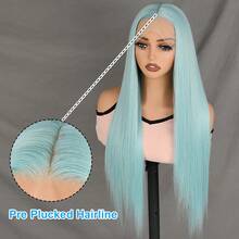 Teal Blue Lace Front Wig For Women - Glueless 13x4 Free Part Pre Plucked Hairline, 28" Long Straight Ice Blue Hair With Natural Middle Part, Light Lake Green Heat Resistant Synthetic Fiber Wigs, For Easy Styling, Perfect For Daily Use & Cosplay - 薄荷藍 - 查看 4
