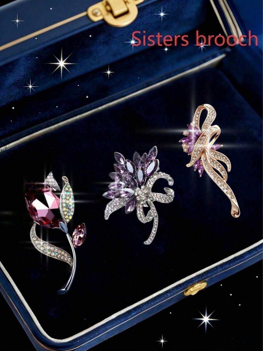 3件套闪亮紫色和红色红宝石姐妹胸针套装，节日、情人节、母亲节的理想礼物 - 紫色 - 查看 1