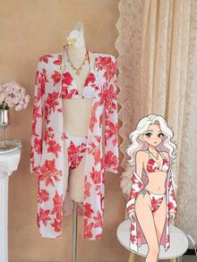 3pcs Women's Bikini Set, Red Floral Print Swimsuit, Triangle Padded Top, Tie-Front Bottoms And Mesh Cover-Up, Summer Beach Outfit - Multicolor - View 2