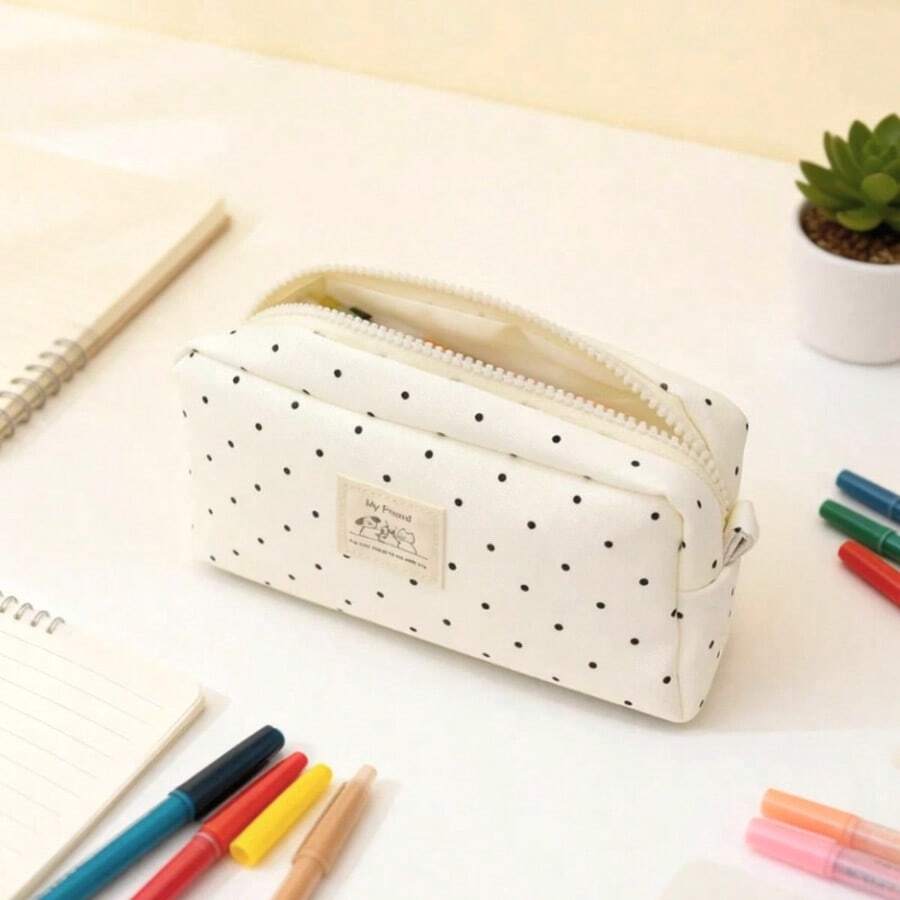 Large Capacity Minimalist Polka Dot Pencil Case, Cute Big Capacity Stationery Storage Pencil Pouch, New Year/Birthday/Back To School Gift - White Polka Dot "My Friend" - White-1pc - View 1