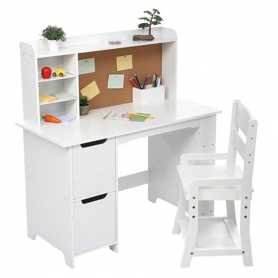 Juego de computadora y Silla para niños y niñas, Mesa de Escritura de Madera para niños con estantería, tablón de anuncios, gabinete y cajón para Edades de 3 a 8 años, Color Blanco - Blanco - Ver 1