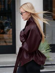 New Spring/Autumn Retro Motorcycle Style Stand Collar Leather Jacket, Fashionable And  Mid-Length Lace-Up Coat - Màu Đỏ Sâu - Xem 7