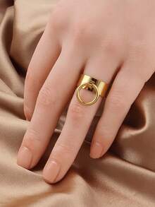 1pc Stainless Steel Rings For Women Round Charms Rings Men Open Rings Female Jewelry Gift - Golden Yellow - - View 2