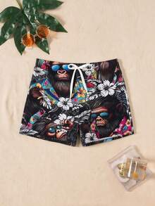 European & American Style Men's Vacation Chic Gorilla Print Swim Trunks - Drawstring Waist Surfing Beach Shorts, Suitable For Beach, Pool - Multicolor - View 5