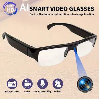 1pc 1080P HD Video Glasses, Designed For Outdoor Sports And Meetings, Smart Wearable Glasses, 90 Minutes Battery Life, 75° Wide Angle, Comes With 64GB Storage Card