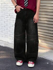1件复古宽松牛仔裤，多口袋工装裤，百搭阔腿黑色牛仔裤（不含腰带和配饰） - 黑色 - 查看 3