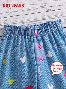 Girls' Summer Heart All-Over Denim Print Elastic Waist Wide Leg Pants, Retro Casual All-Match Trousers - Light Wash - View 3