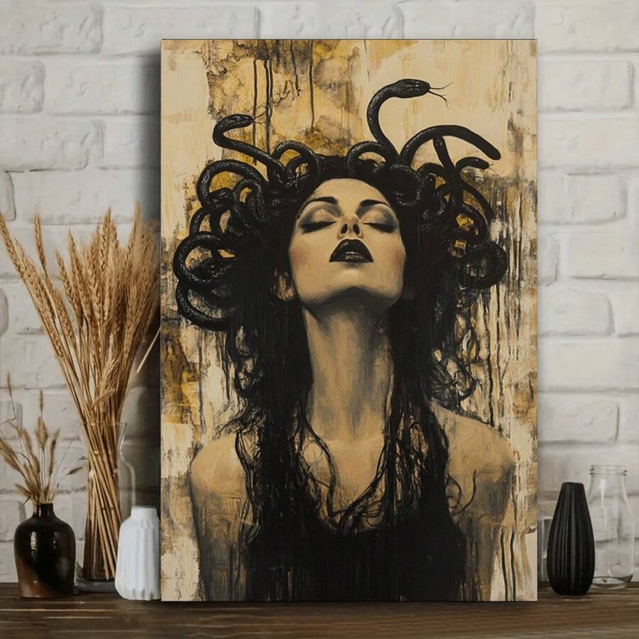 Decorative Sign, Plaque 1pc Framed Canvas Wall Art, Ancient Greek Mythology Medusa Canvas Art Wood Frame Painting, Suitable For Living Room And Dining Room Decoration Painting Ready To Hang - Framed - View 1
