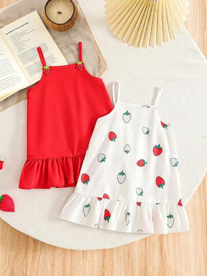 Stylish Girls Summer Beauty Dress Set, Little Baby Girls Summer Cute Dress. Sleeveless Off-Shoulder Square Collar Strap Dress Set, Strawberry Decor Accent Sleeveless Off-Shoulder Strap Dress, Allover Strawberry Cartoon Print Sleeveless Square Collar Strap Dress