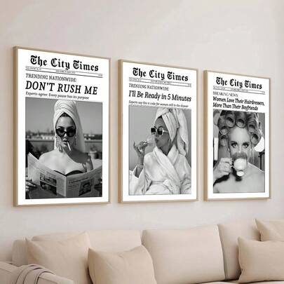 1/3pcs Set Unframed New York Magazine Fashion Women Canvas Postser Black White Quote Bar Cart Wall Art Print Girly Makeup Room Decor Vintage Painting For Apartment,Living Room,Bedroom,Modern Home Decoration