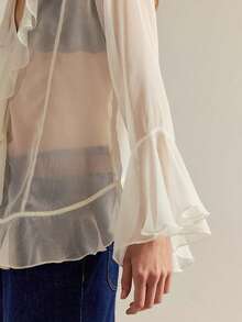 Women Sheer Loose Top Y2k V Neck Solid Color Poncho Tops Fairy Grunge Bat Sleeve Mesh Oversized Poncho Blouses - Ngà voi - Xem 3