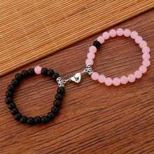 A Set Of 2 Elastic Bracelets With Heart-Shaped Beads, Perfect For Couples Or Girlfriends. Valentine's Day Gift - Hồng - Xem 6