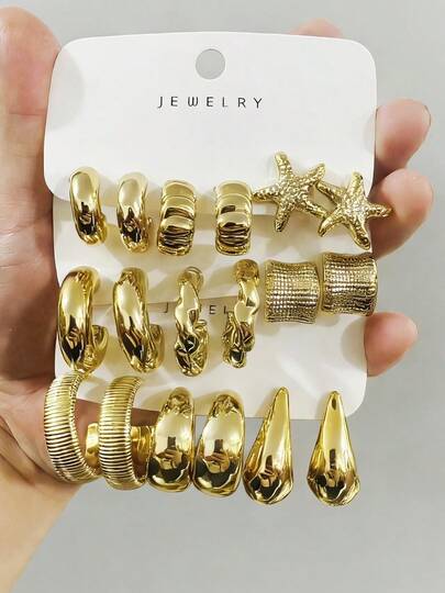 Juego de 6-18 piezas de aretes de moda en tono dorado, elegante y estiloso, adecuado para uso diario, fiestas y ocasiones especiales