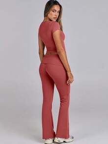 Lounge Sets For Women 2 Piece Foldover Yoga Flare Leggings Pants Crop Tops Casual Y2K Outfits Matching Tracksuit Set/Vacation Outfits Women - 桃 - 查看 3