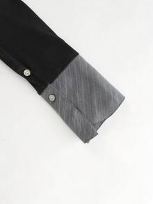 Top de mujer en negro y gris con paneles en contraste: puño acampanado y escote en V profundo, ideal para un estilo urbano vanguardista inspirado en el año 2000. - Negro - Ver 7
