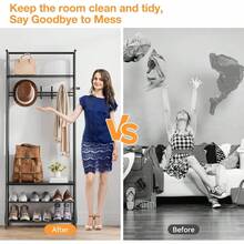 Coat Rack With Shoe Storage And Bench, Shoe Rack And Coat Rack – Hallway Bench With 5 Hooks, Multifunctional Wood-Grain Hallway Storage Rack With Metal Frame - Black - View 10