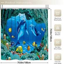海豚图案浴帘套装，含12个挂钩的浴帘、防滑浴室垫、U型马桶垫、马桶垫、浴室配件 - MZ - 查看 8