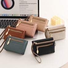 新叶吊坠女士短款手提包，高品质PU纯色双拉链短款钱包手提包，多功能卡片及银行卡收纳包，日常旅行、旅游、派对手提包，送给妈妈、女朋友、生日、感恩节、新年礼物，学院风学生大容量零钱包，日常旅行收纳小包，儿童零花钱短款方包，折叠零钱包 - 彩色 - 查看 1