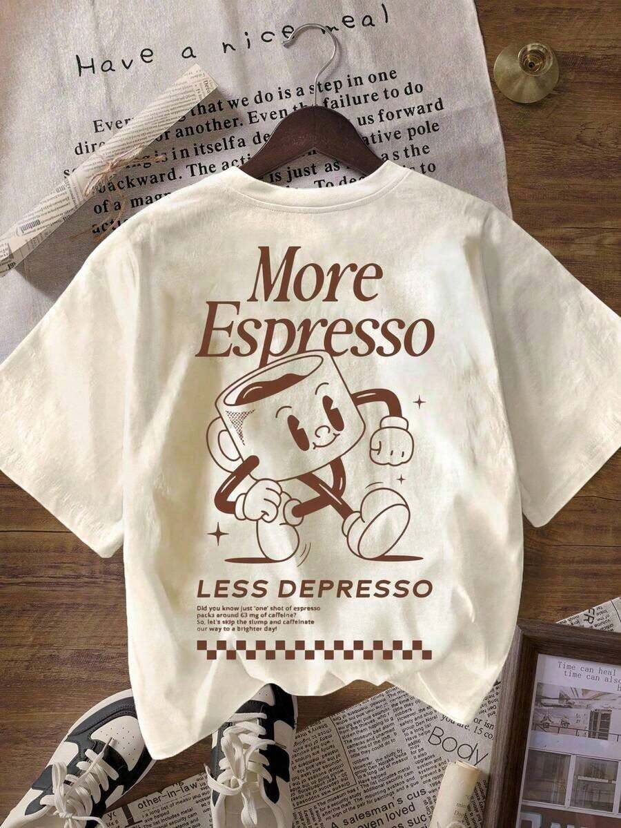 Nuevas camisetas superventas de 2026: Camiseta gráfica informal de manga corta y cuello redondo para mujer de Espresso Coffee Club. - Albaricoque 3 - Ver 1
