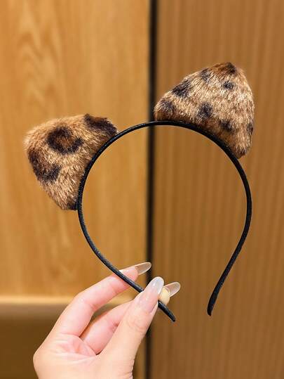 1pc Leopard Print Furry Cat Ear Headband, Suitable For Daily Use Hair Accessory