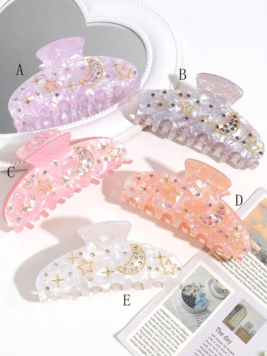 1pc Women's Fashion Elegant Versatile Cute Star & Moon Crystal Hair Clip, Suitable For Daily Wear, Ramadan, Festivals, Parties - Multicolor - View 1