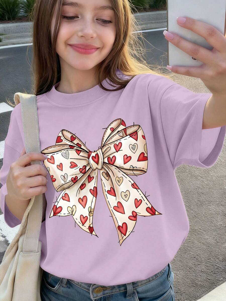 1 Piece Pink Heart Bow T-Shirt For Teen Girl, Decorative Graphic Top, Soft & Comfortable Fabric, Casual Outdoor Wear - Purple - View 1