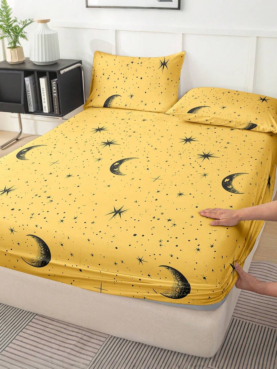 1件星月图案超柔软床笠 - 床垫保护套，可机洗，完美适配简约、梦幻、卡通和时尚风格的卧室，提升卧室氛围，多种尺寸可选（特大/大号/标准双人/单人），适用于家庭、宿舍、公寓、酒店和度假租赁，也是一份很棒的礼物。