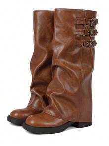 Fashion Womens Knee High Boots Round Toe Buckle Straps Slouchy Chunky Heel Boots Party Office Daily Outdoors Fall Winter Dressy Boots - PU nâu - Xem 7