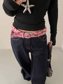 1pc Pink PU Leopard Print Rhinestone Embellished Versatile Waist Belt For Women - Pink - View 1